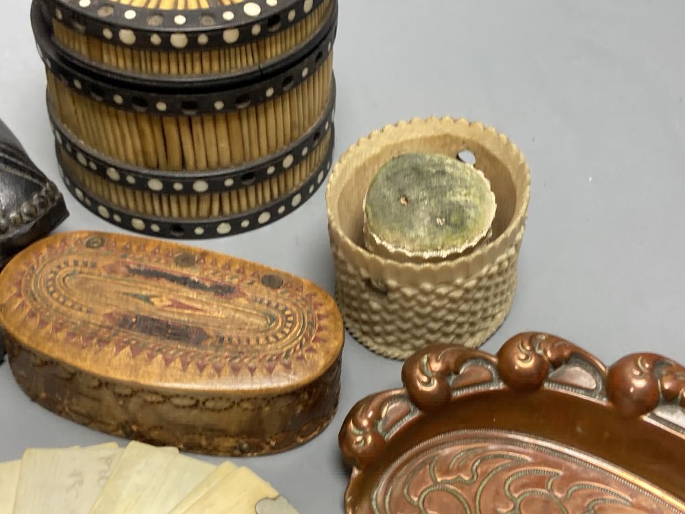 A quantity of collectables including ivory aide memoires, a circular quill box, etc.